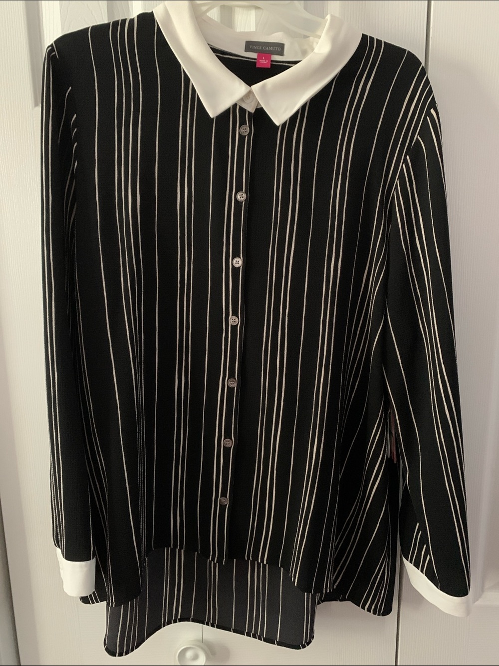 Vince Camuto Black Shirt with White Pinstripes and Contrast Collar